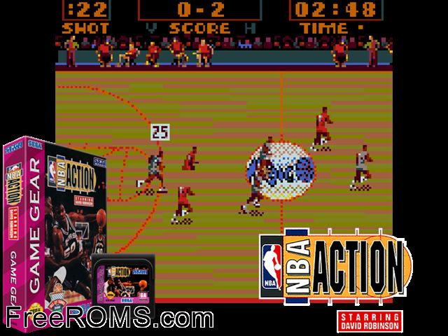 NBA Action Game Gear game showing 3D box cover and gameplay screenshot